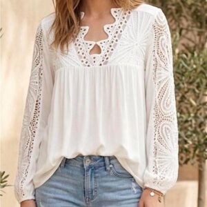 Cactus & Pearl Boho  White Crochet Lace Trim Peasant Blouse Top SZ S EUC